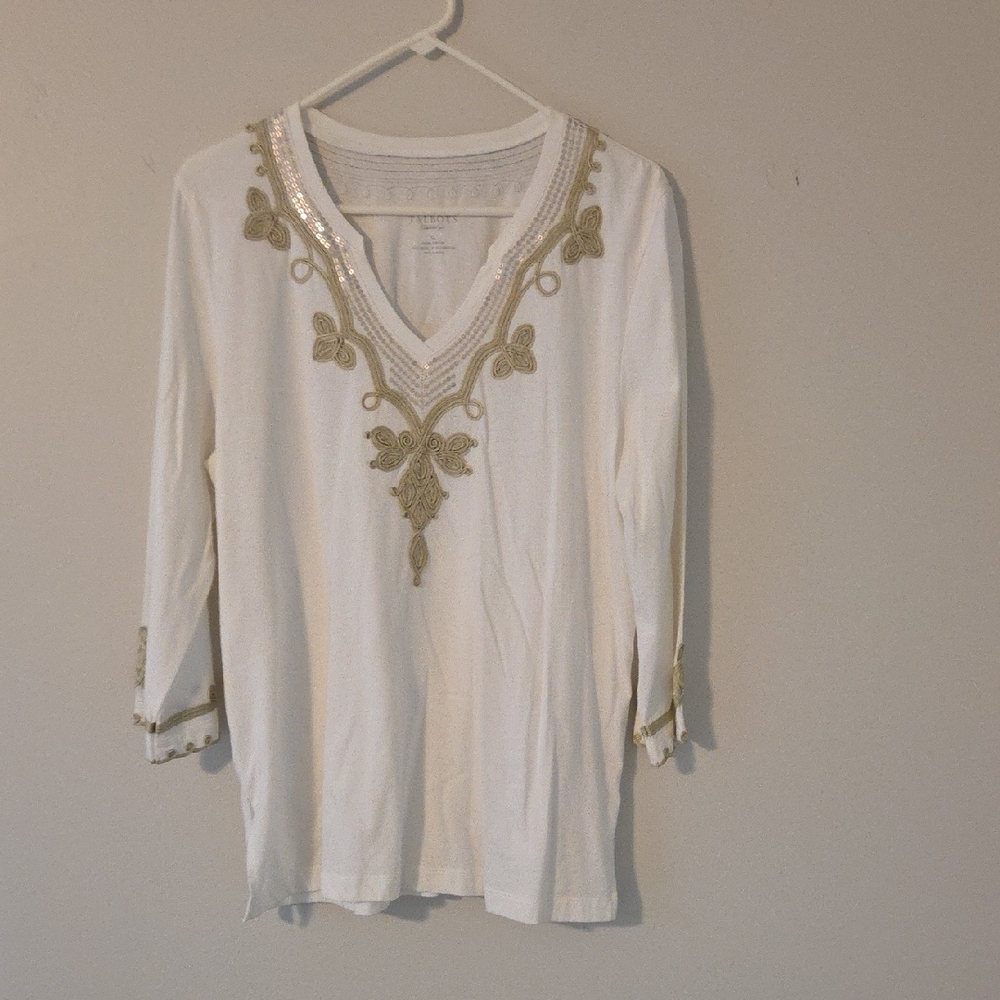 Talbots White Tunic with Gold Embroidery